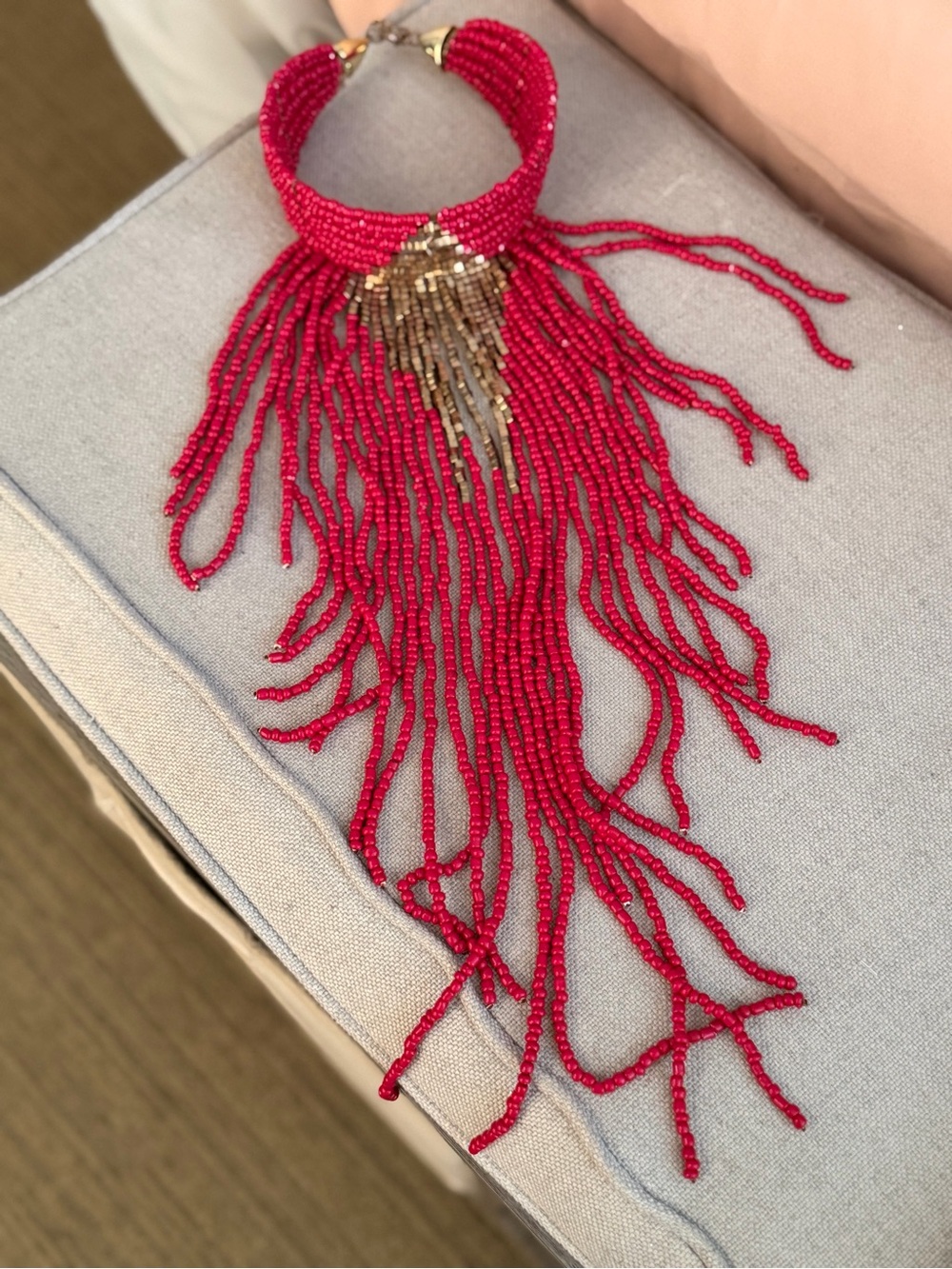 Beautiful Handmade Pink Beaded Fringe Statement Necklace - Designer Style